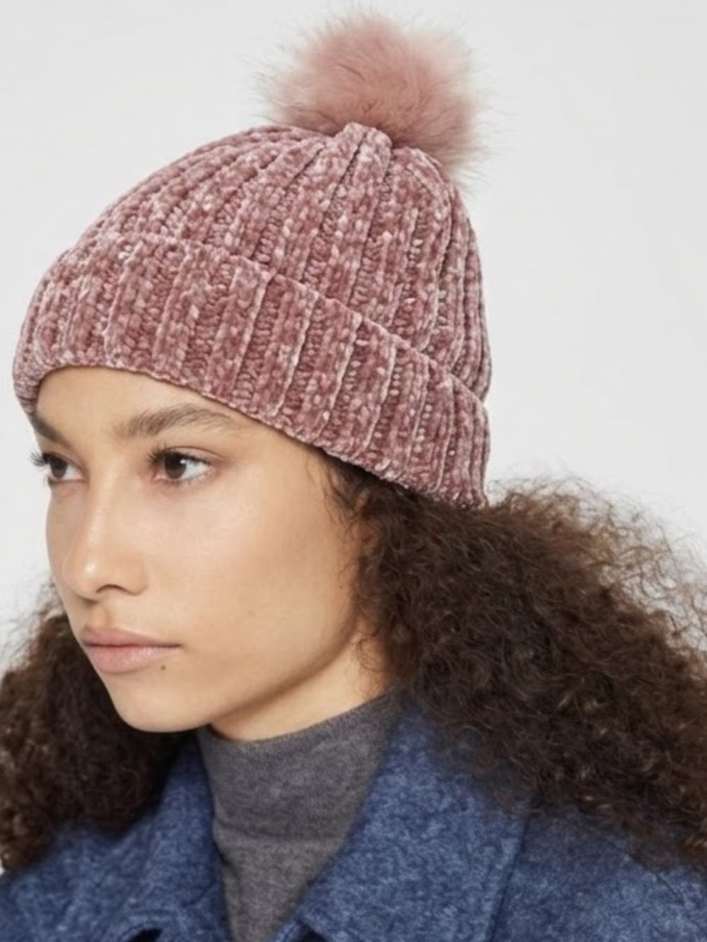 Minky Women’s Pink ribbed velvety Chenille Pompom Beanie Hat New/Never worn